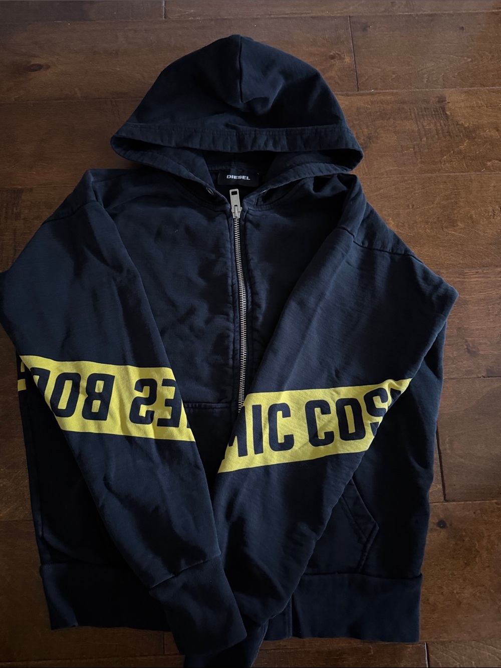 Diesel Black Zip Hoodie with Yellow Accent Stripe